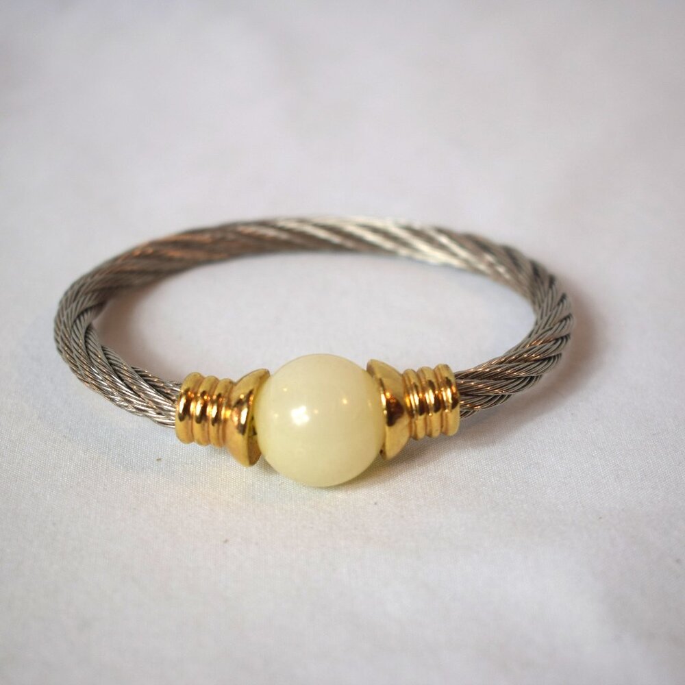 Stainless Steel Twisted Cable Bangle Bracelet with Pearl Like Sphere Accent